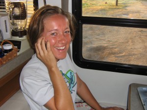 Steph, first thing in the morning, on the phone with her Mum & Dad singing Happy Birthday!